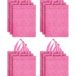 Kuber Industries Cotton Rectangular Flower Print Carry Bags with Handles – 12F26-KUBBMART016970 (Pink, 26 cm x 11 cm x 38 cm) – Pack of 12