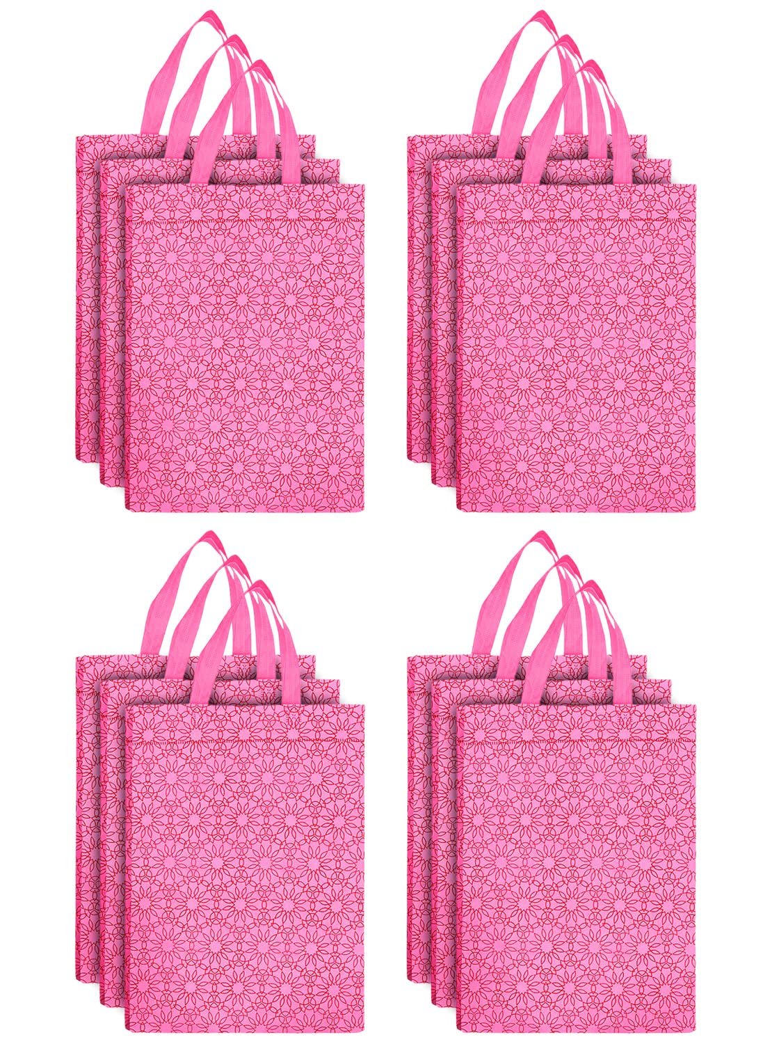 Kuber Industries Cotton Rectangular Flower Print Carry Bags with Handles – 12F26-KUBBMART016970 (Pink, 26 cm x 11 cm x 38 cm) – Pack of 12