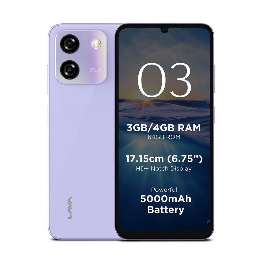 Lava O3 (Glossy Lavender, 3 GB RAM, 64 GB Storage) | Biggest 6.75″ HD+ Display | 13MP AI Dual Rear Camera | 5000 mAh Battery | Secure Face Unlock | Fingerprint Reader | Charger & Phone-Cover in Box Lava O3 (Glossy Lavender, 3 GB RAM, 64 GB Storage) | Biggest 6.75″ HD+ Display | 13MP AI Dual Rear Camera | 5000 mAh Battery | Secure Face Unlock | Fingerprint Reader | Charger & Phone-Cover in Box