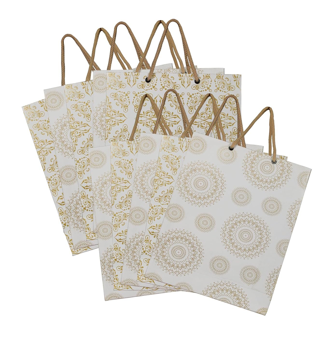Paper Creative Art White & Gold Medium Size Papper Gift Bag For Shopping Bag, Return Gift Bag, Party Bag, Carry Bag(Pack Of 10)