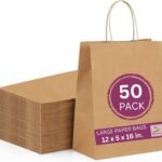 RanGit Bhumi® Brown Kraft Paper Bags with Handles Large 12″x16″x5″ Pack of 50 pcs – Large Shopping Retail Paper Carry Bags, Return Gift Bags (12x5x16 in Brown, 50 pack)
