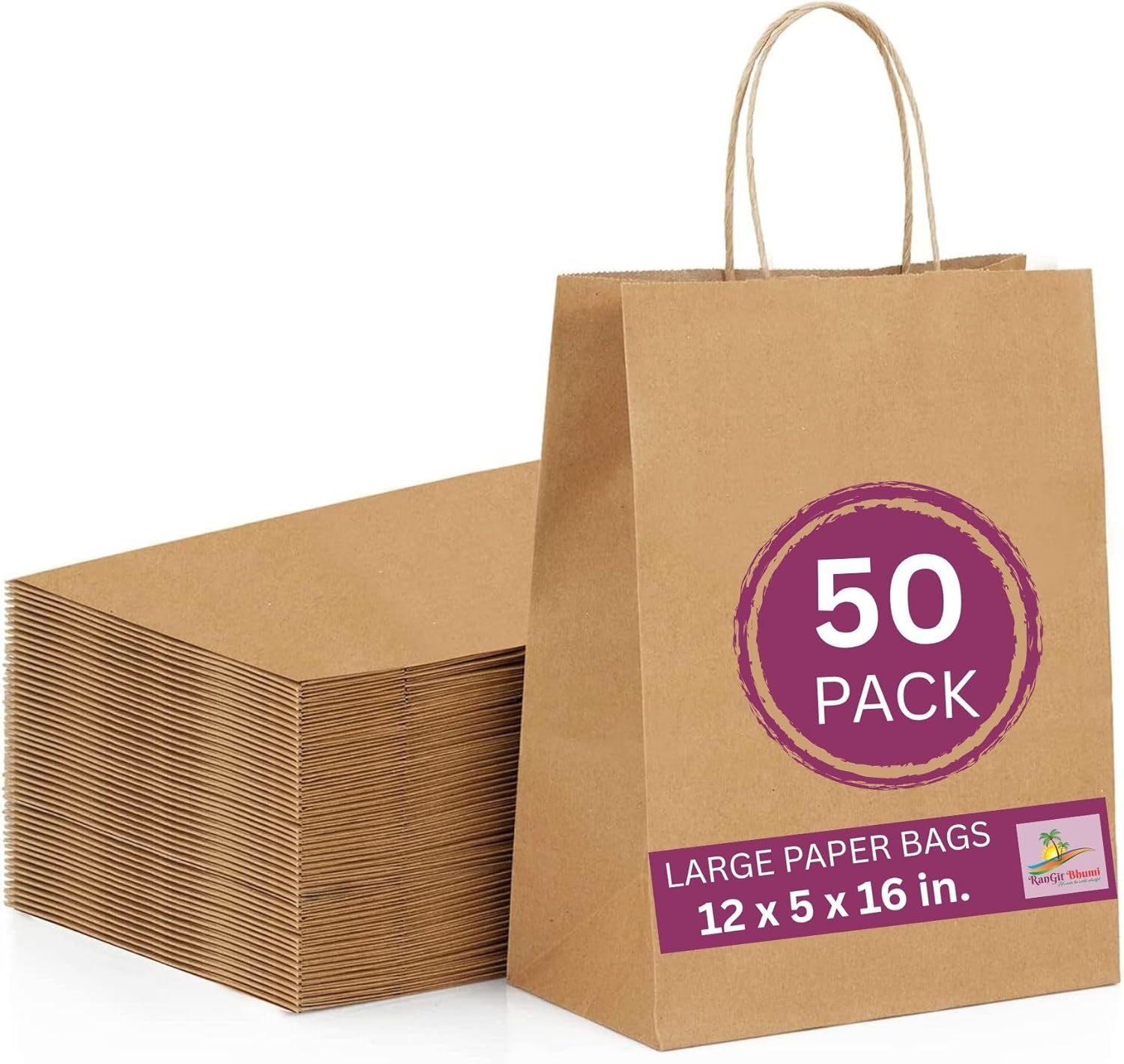 RanGit Bhumi® Brown Kraft Paper Bags with Handles Large 12″x16″x5″ Pack of 50 pcs – Large Shopping Retail Paper Carry Bags, Return Gift Bags (12x5x16 in Brown, 50 pack)