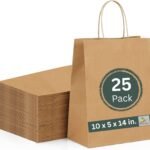 RanGit Bhumi® Kraft Paper Bags with Handles- 25pcs 10″x14″x5″ Medium Brown Bags, Return Gift Craft Paper carry Bag for Shopping Retail Merchandise – Disposable (10x5x14 in Brown, 25 pack)