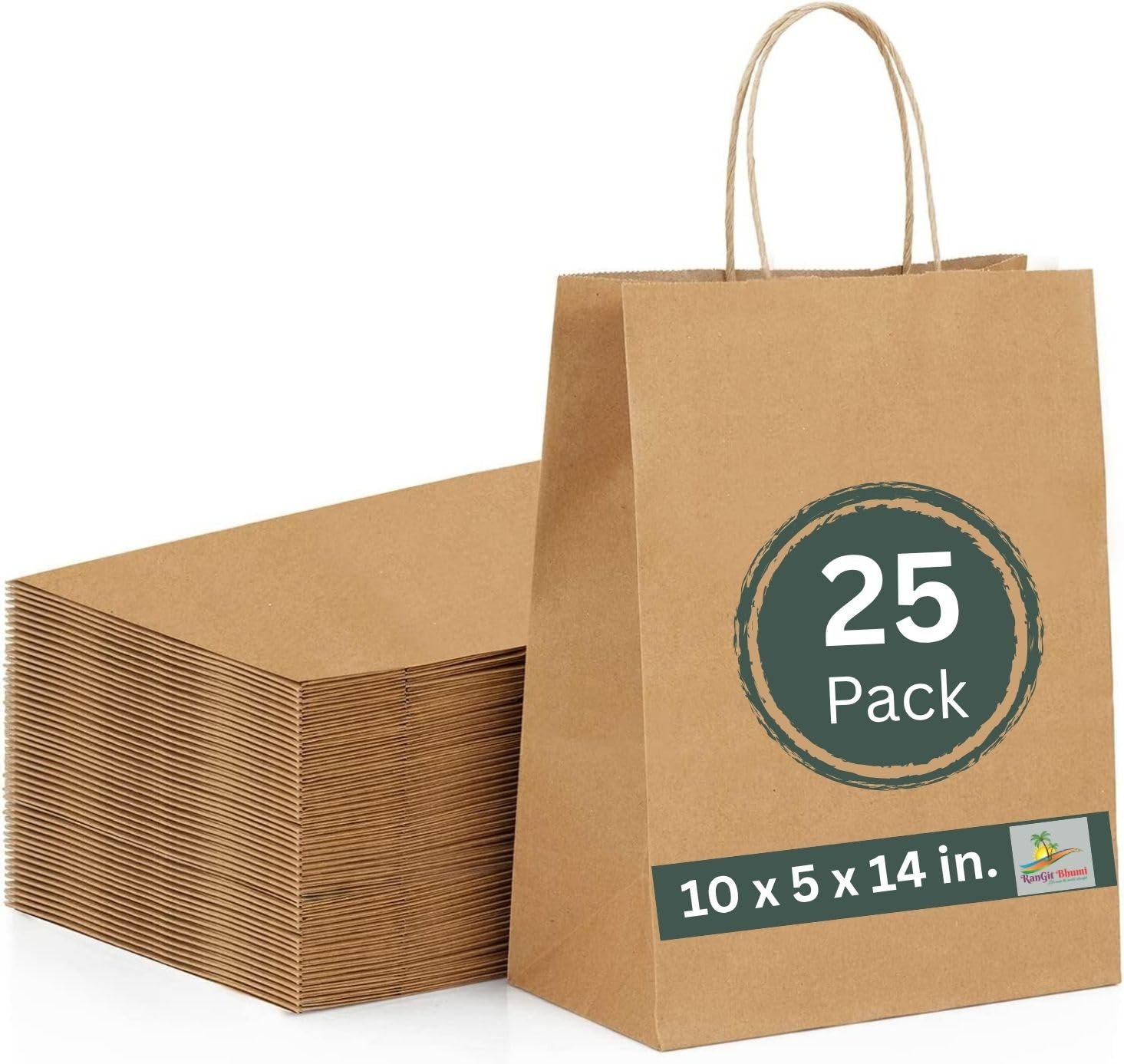 RanGit Bhumi® Kraft Paper Bags with Handles- 25pcs 10″x14″x5″ Medium Brown Bags, Return Gift Craft Paper carry Bag for Shopping Retail Merchandise – Disposable (10x5x14 in Brown, 25 pack)
