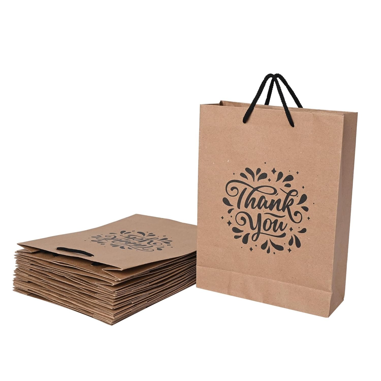 Suffix Retail ® (Pack of 20) Brown Paper Thank You Gift Bags with Braided Cotton Handles (12X8.7X3 inches)