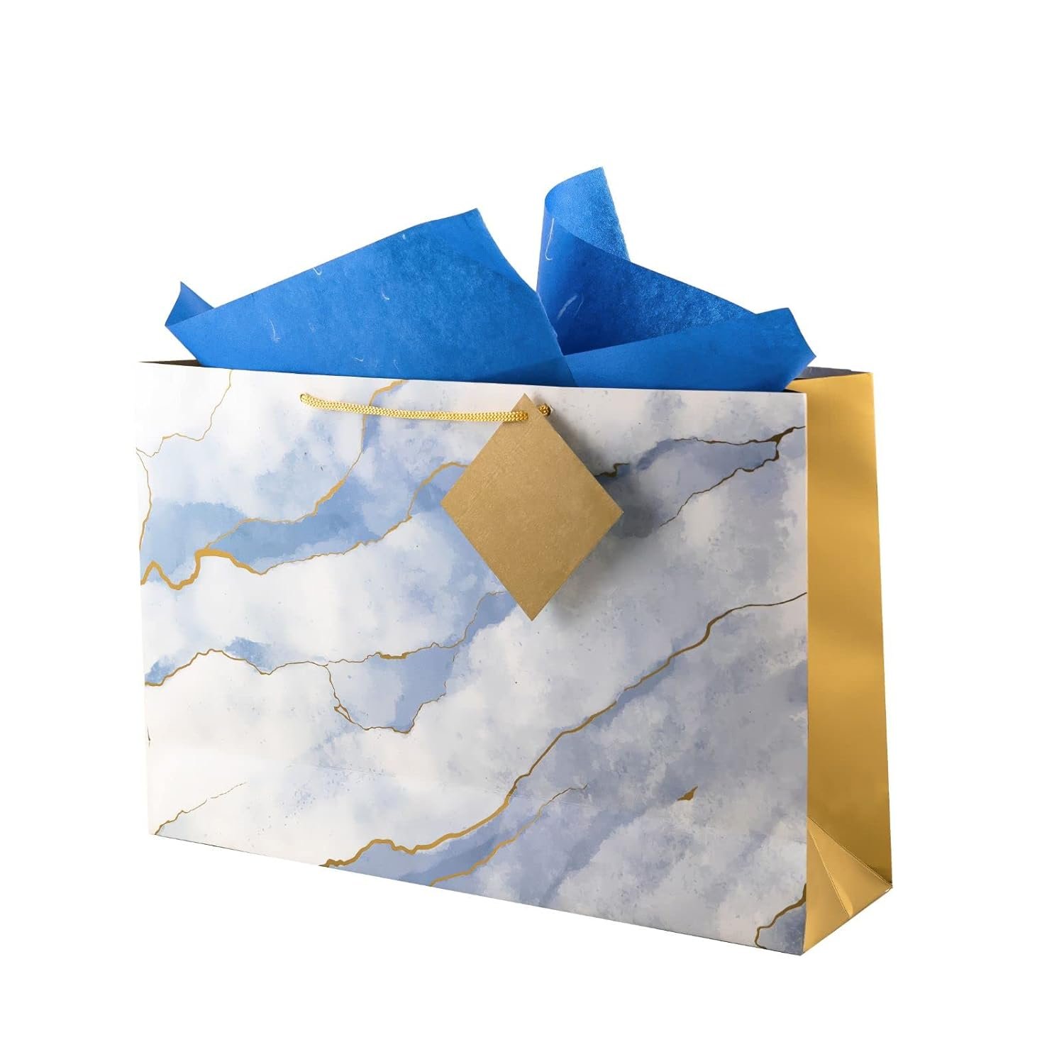 Birch & Co. Gift Bags – Paper Bags For Return Gifts – Large Carry Bags For Gifting – Large Paper Bags -Goodie Bags With Tissue And Thank You Card – Gift Covers – Pack Of 5, Marble, Blue