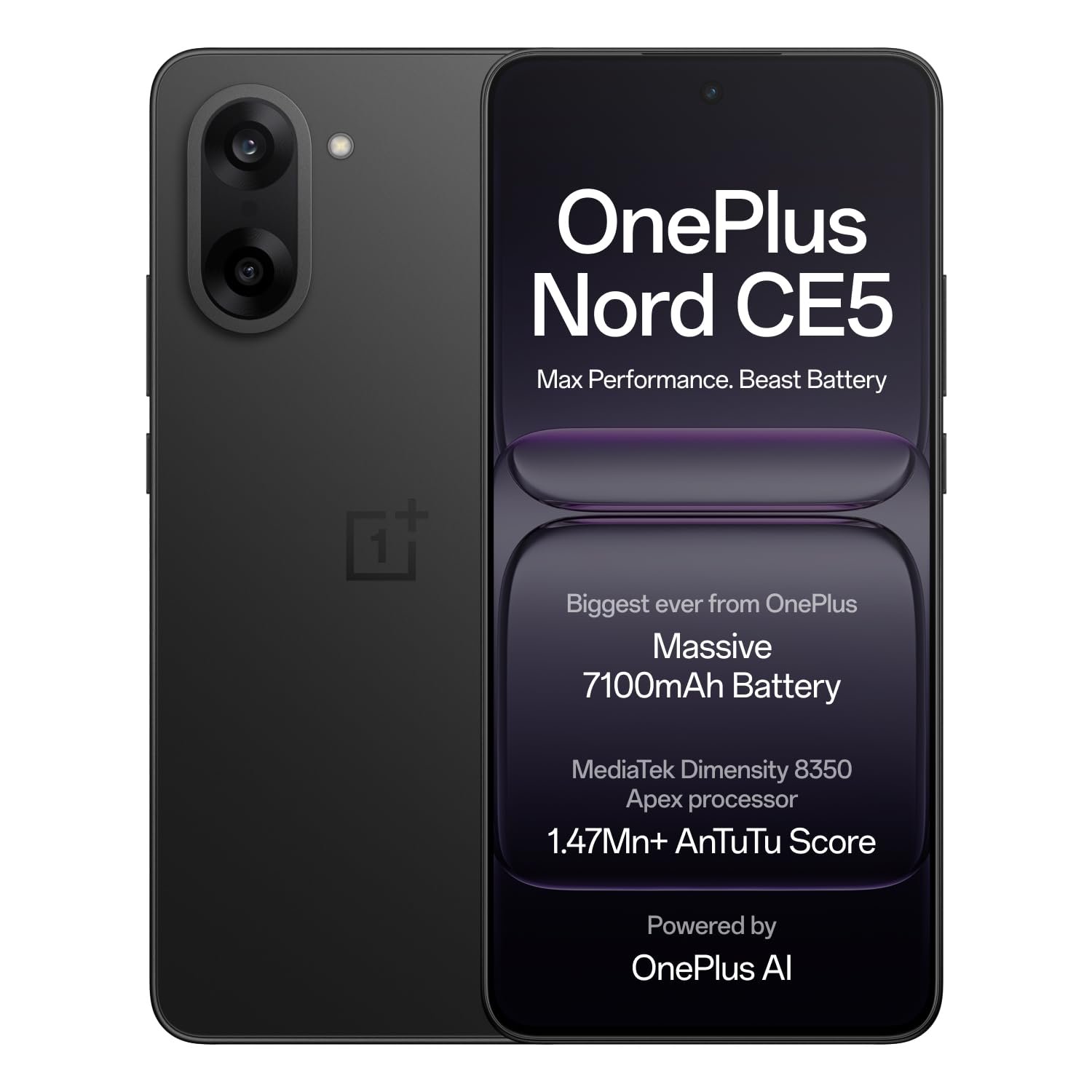OnePlus Nord CE5 | Massive 7100mAh Battery | MediaTek Dimensity 8350 Apex | Powered by OnePlus AI | 8GB + 128GB | Black Infinity