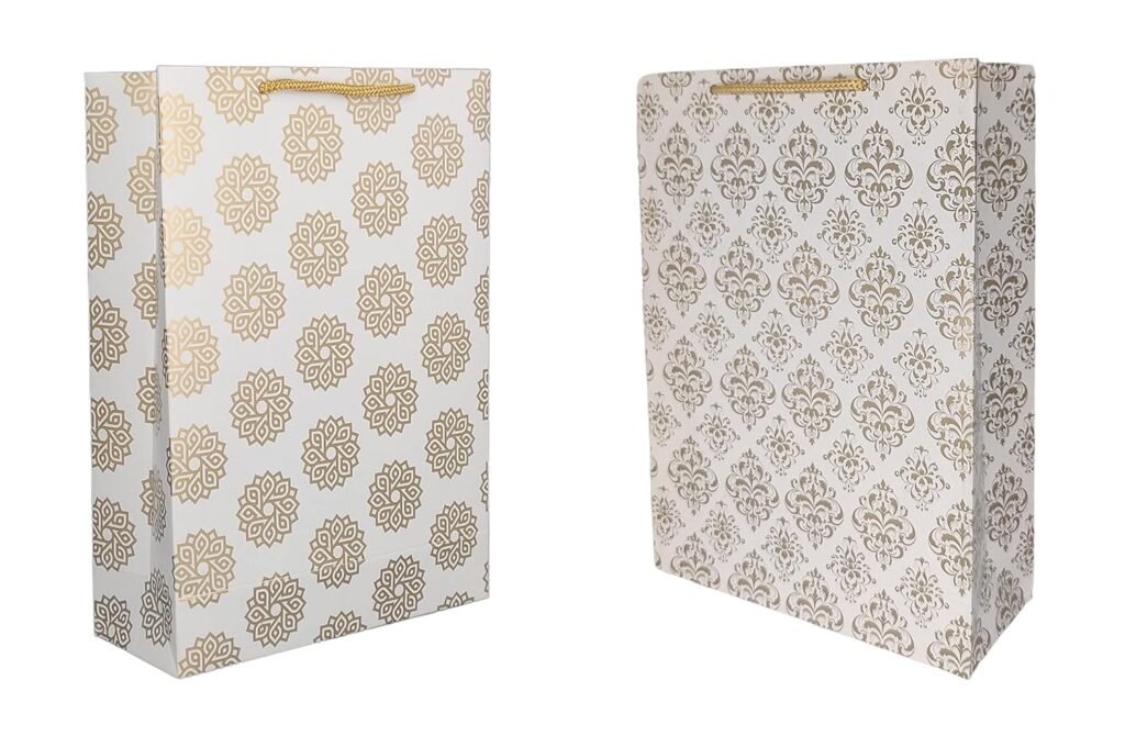 TASCHE Gold Flower and Gold Chakras Printed Assorted Design Paper Carry Bags | Gift Bags for Return gifts, Birthday and presents (28 * 20 * 7.5 CM) (Pack of 10)