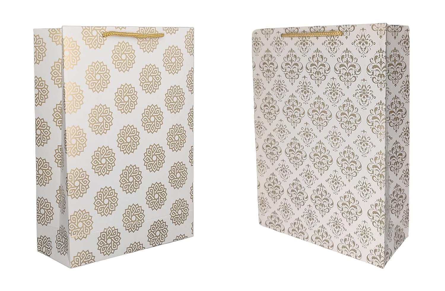 TASCHE Gold Flower and Gold Chakras Printed Assorted Design Paper Carry Bags | Gift Bags for Return gifts, Birthday and presents (28 * 20 * 7.5 CM) (Pack of 10)
