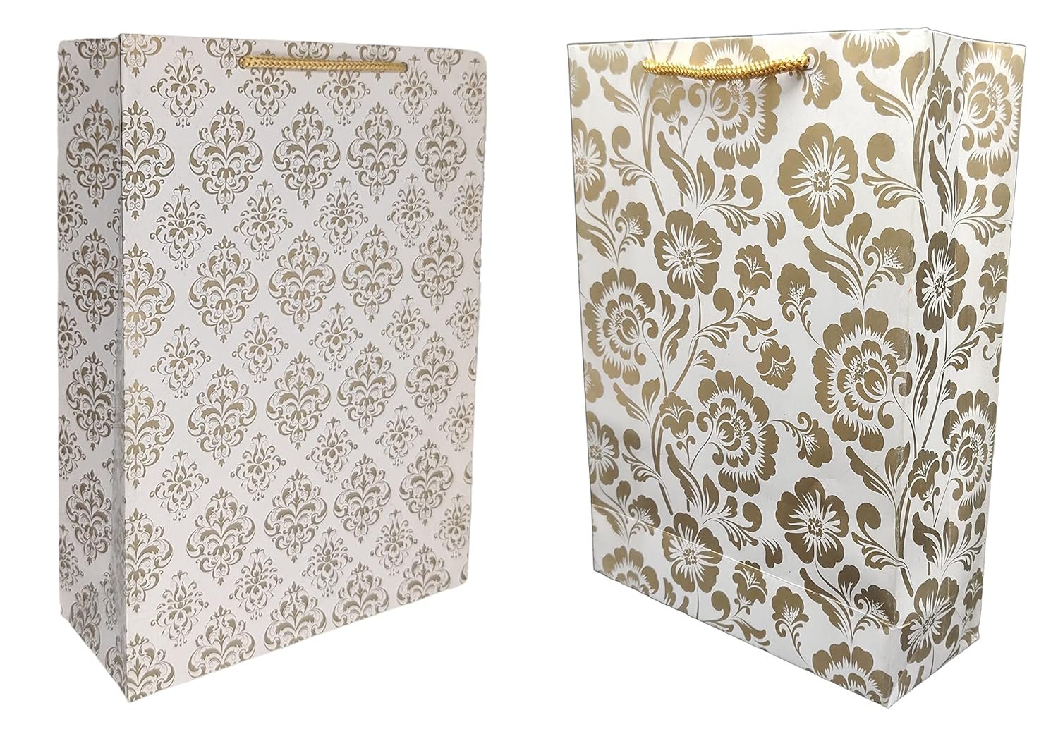 TASCHE Gold Flower and Gold Mandaram Printed Assorted Design Paper Carry Bags | Gift Bags for Return gifts, Birthday and presents (28 * 20 * 7.5 CM) (Pack of 10)