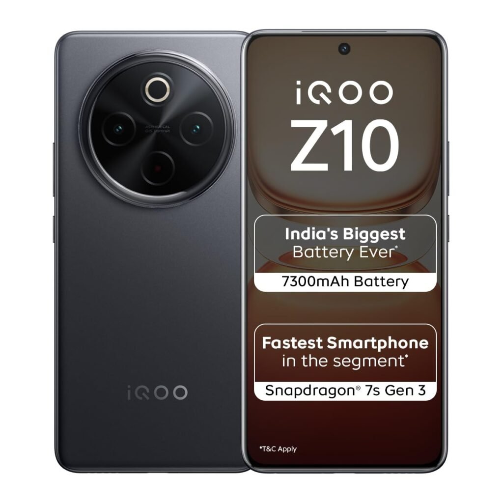 iQOO Z10 5G (Stellar Black, 8GB RAM, 128GB Storage) | India’s Biggest Ever 7300 mAh Battery | Snapdragon 7s Gen 3 Processor | Brightest Quad Curved AMOLED Display in The Segment