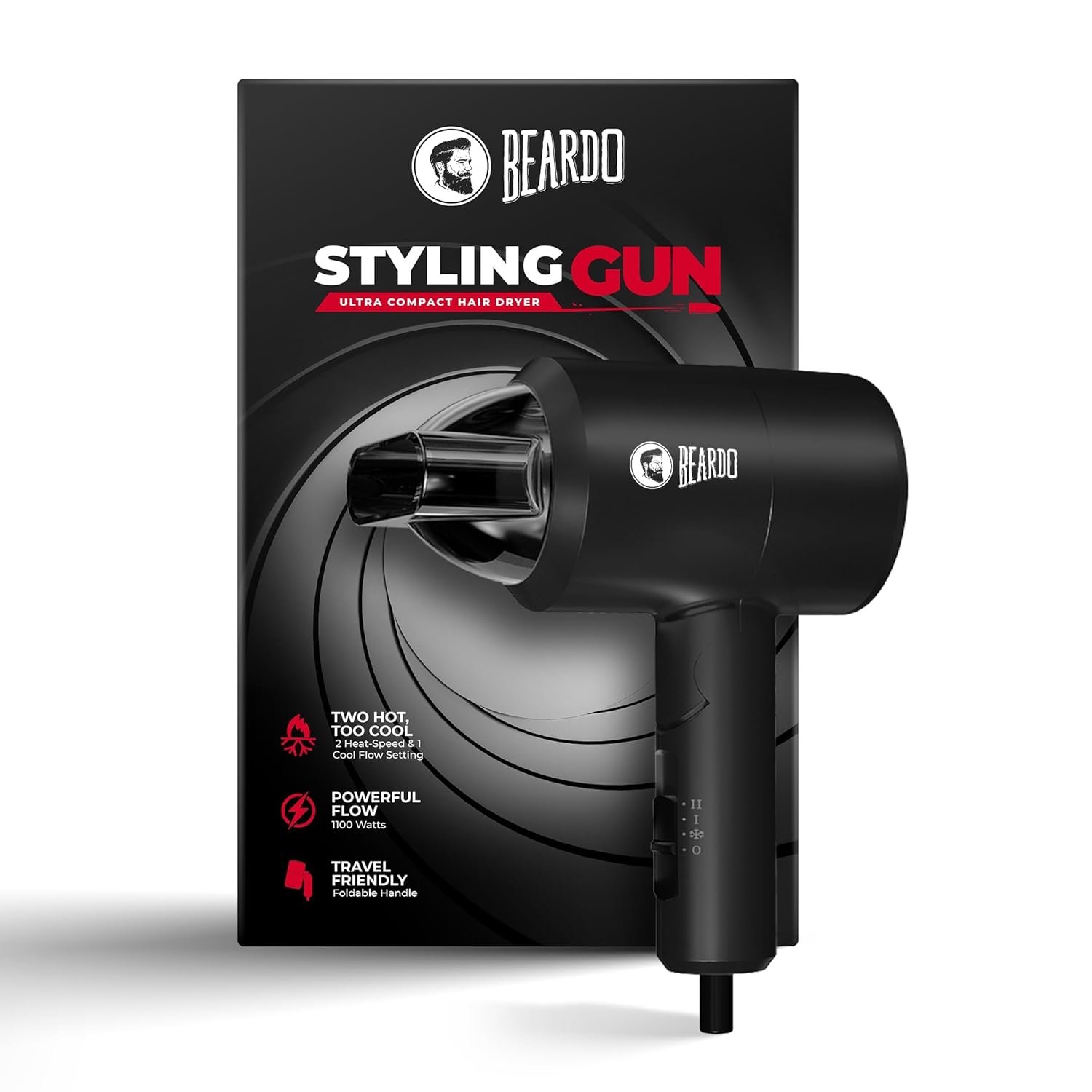 BEARDO Styling Gun Ultra Compact Hair Dryer | 1100 Watts Foldable Hair Dryer | 3 Heat 2 Speed Setting | Hair Dryer For Men | Travel Friendly | Stylish Matte Black Finish | Gift For Brother | Gift For Friends | Gift for Husband