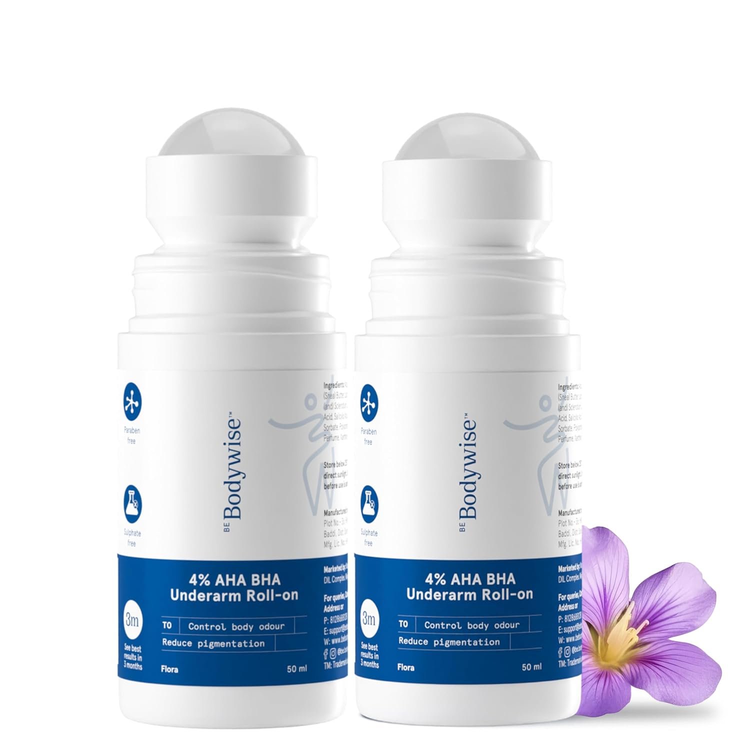 Be Bodywise Under Arm Roll On Pack Of 2, 1% W/W Salicylic, 1% Mandelic, 2% Lactic Acid, Reduces Under Arm Pigmentation & Combats Body Odor, Aluminum Free For Normal To Dry Skin, 100ml