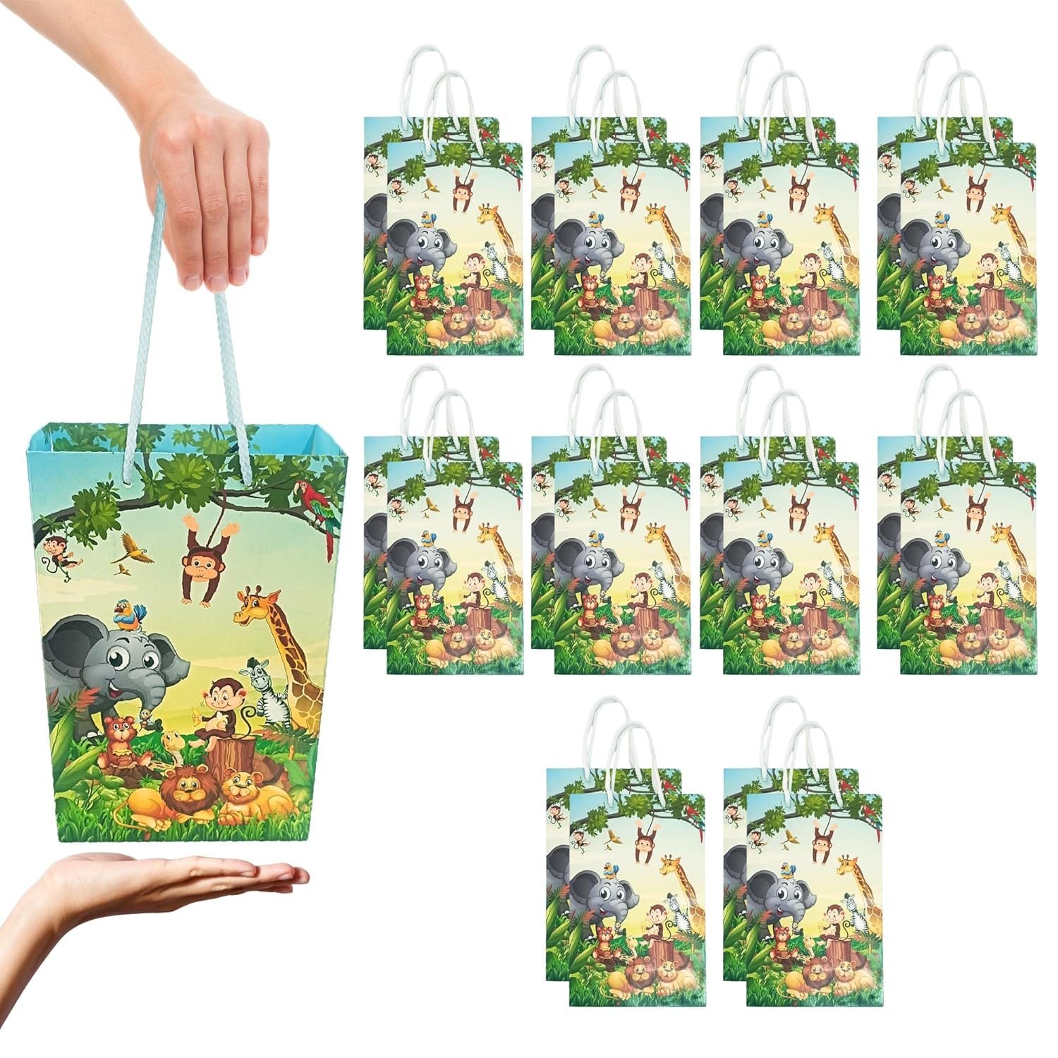 Birthday Popper 20 No.s Premium Jungle Animal Theme Small Paper Bags |Size: 16 x 8 x 23 cm | Goody Bags for Birthday Return Gifts | Paper Bags for Putting Small Gifts for Kids