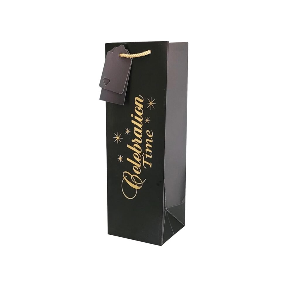 Black Wine Bottle Gift Bags with Gold Foil Design | Paper Carry Bags for Wine Bottles | Pack of 5 with Gift Tags | Size 36H x 13W x 11B cm | Elegant Bottle Bags for Gifting | Weddings, Birthdays, Corporate – By Flora Paperbags
