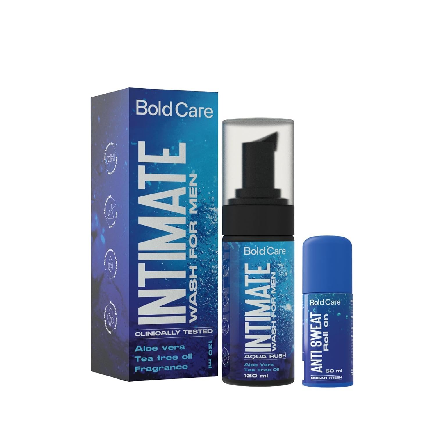 Bold Care Aqua Rush Intimate Wash Combo (Intimate Wash + Deo Roll on) 120 ml for Men with Tea Tree Oil and Aloe Vera extract | pH Balanced Foaming hygiene Wash