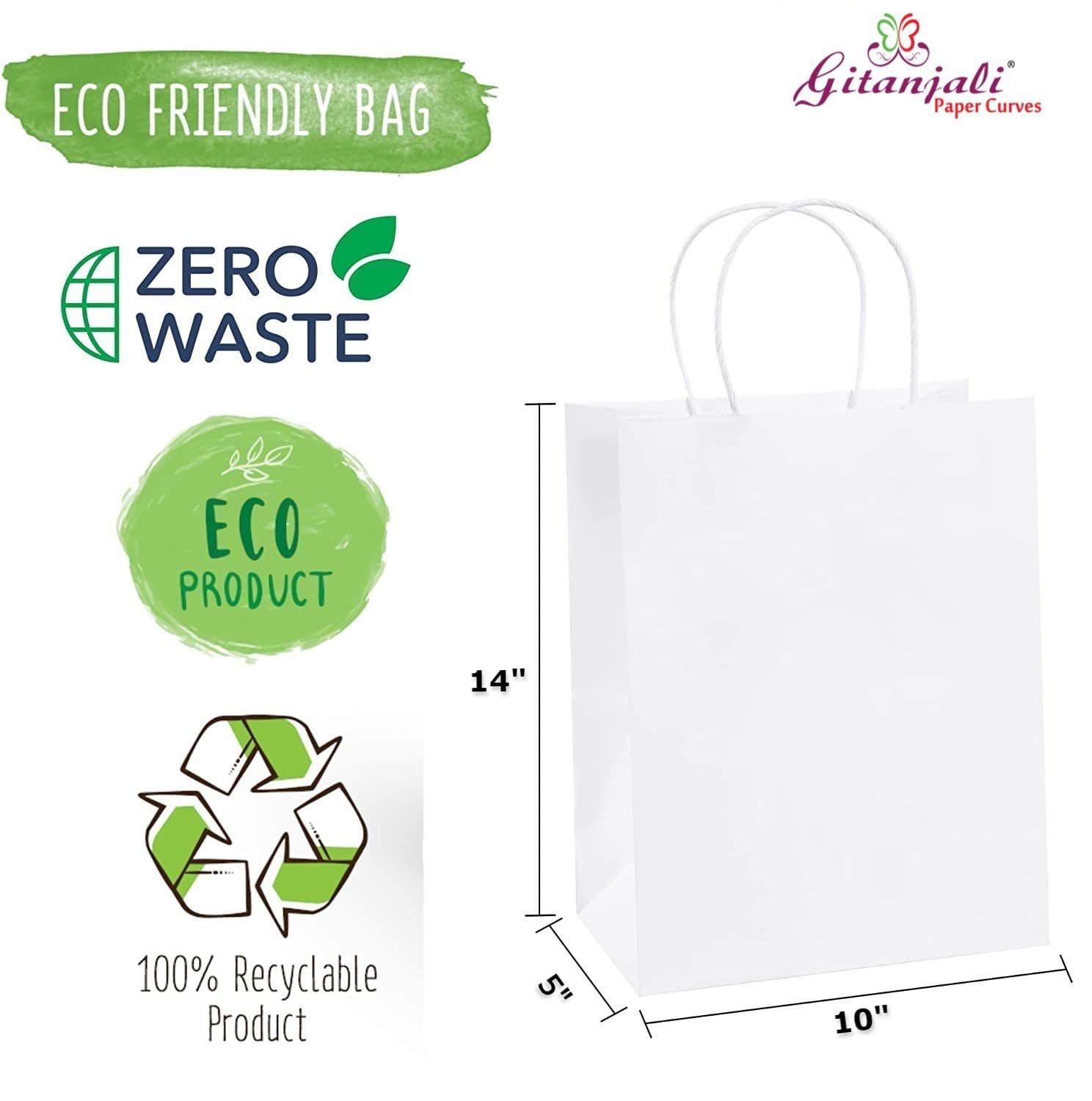 Gitanjali Paper Curves® – White Paper Bags 10x14x5 inches 50 pcs – Shopping Merchandise Retail Paper Carry Bags, Craft Paper Gift Bags – Disposable Recycled Eco Friendly Paper Bags