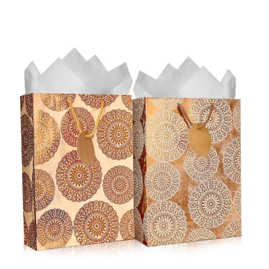 KidsyWinsy Pack Of 5 Bronze Vintage Foil Gift Bag (Medium,8.65 * 3 * 12 Inches) With Tissue & Thank You Card-Paper Gift Bags | Return Gift Bags For Baby Shower, Festive Gifting, Birthday, Wedding