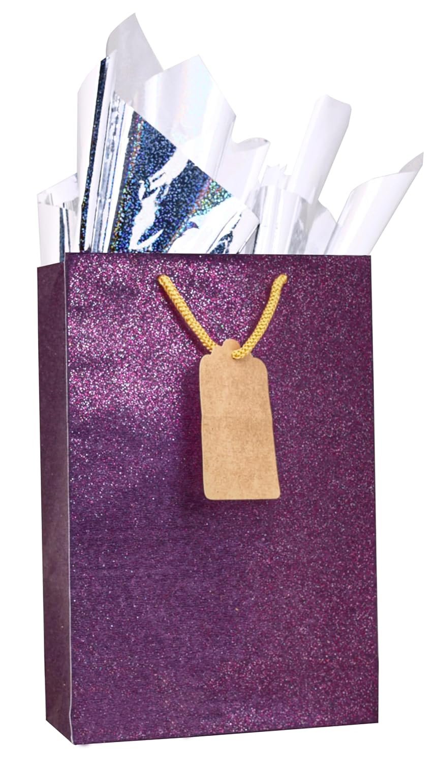 KidsyWinsy Pack Of 5 Grape Glitter Gift Bags (Small,7 * 3 * 10.5 Inches) With Tissue & Thank You Card-Paper Christmas Gift Bags |Carry Bags For Birthday, Wedding, Anniversary,Grape Small-Purple