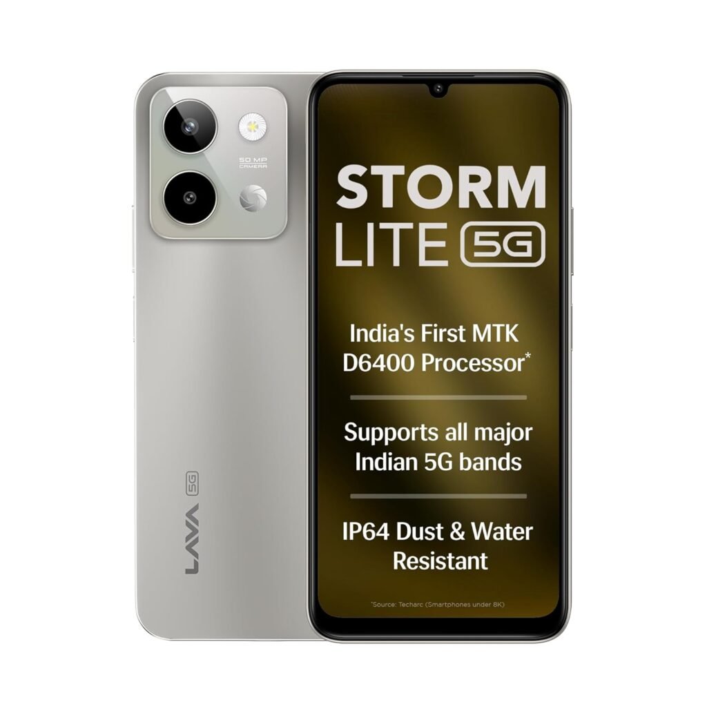 Lava Storm Lite 5G (Cosmic Titanium, 4+4*GB RAM, 128GB Storage) | India’s First MTK Dimensity 6400 Processor | 50MP AI Camera | IP64 Rated | 120 Hz Display | 5000 mAh Battery | Supports All 5G Bands Lava Storm Lite 5G (Cosmic Titanium, 4+4*GB RAM, 128GB Storage) | India’s First MTK Dimensity 6400 Processor | 50MP AI Camera | IP64 Rated | 120 Hz Display | 5000 mAh Battery | Supports All 5G Bands