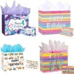 MAKABEE 13″ Large Birthday Gift Bag (32cm* 12cm* 26cm) with Tissue Paper and Greeting Card – Colorful Gift Bag for Kids, Women, or Mom’s Birthday Durable Paper Carry bags with Tissue & Message card, Party favor Gifting Covers (Large-Multicolor, Pack of 4)