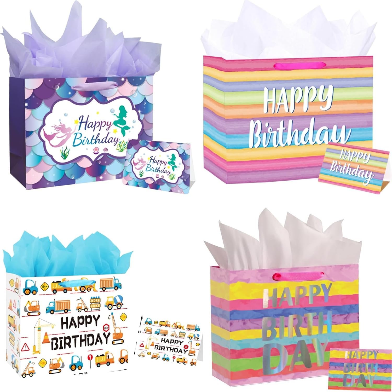 MAKABEE 13″ Large Birthday Gift Bag (32cm* 12cm* 26cm) with Tissue Paper and Greeting Card – Colorful Gift Bag for Kids, Women, or Mom’s Birthday Durable Paper Carry bags with Tissue & Message card, Party favor Gifting Covers (Large-Multicolor, Pack of 4)