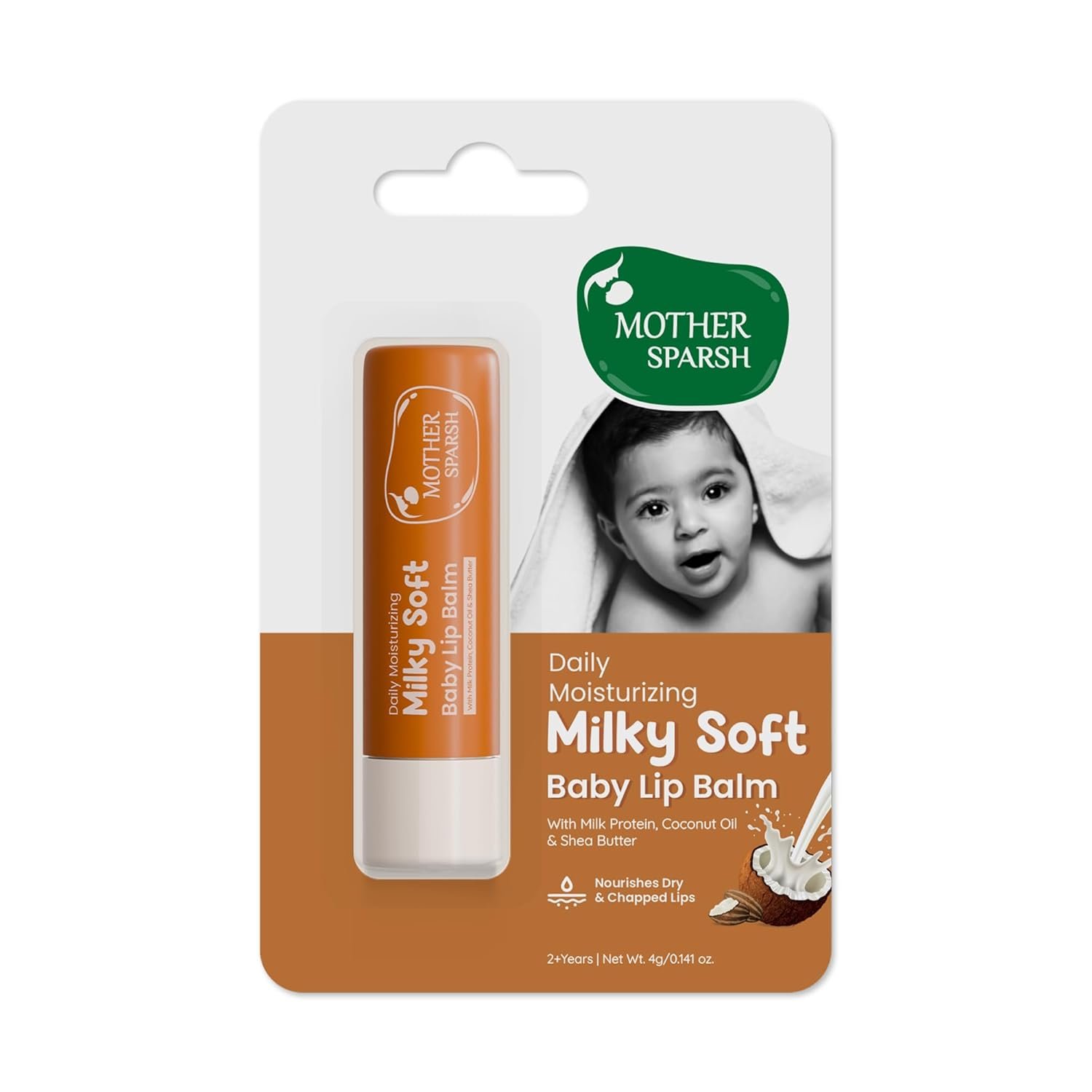 Mother Sparsh Milky Soft Baby Lip Balm For Nourishing Dry Chapped Lips|With Milk Protein,Coconut Oil & Shea Butter|Non-Sticky Lip Balm For Babies-4Gm,Brown