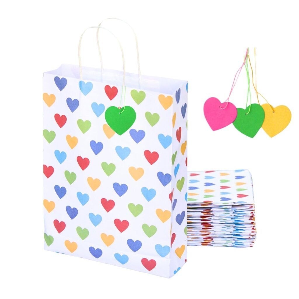 Go Haven Pack of 20 Hearts Multicolor Paper Bags for Return Gifts with Colorful Tags&Threads (12x9x3 in) |Wedding Gifts|Gift box for packing|Gift bag|Party Favor Bags for Birthday|100Gsm