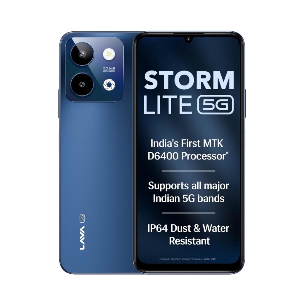 Lava Storm Lite 5G (Astral Blue, 4+4*GB RAM, 64GB Storage) | India’s First MTK Dimensity 6400 Processor | 50MP AI Camera | IP64 Rated | 120 Hz Display | 5000mAh Battery | Supports All 5G Bands