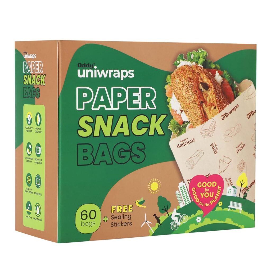 Oddy Uniwraps Multi-Purpose Paper Snack Bags with Sealing Stickers | Pack of 60 Bags, 8×5.5 Inch Each