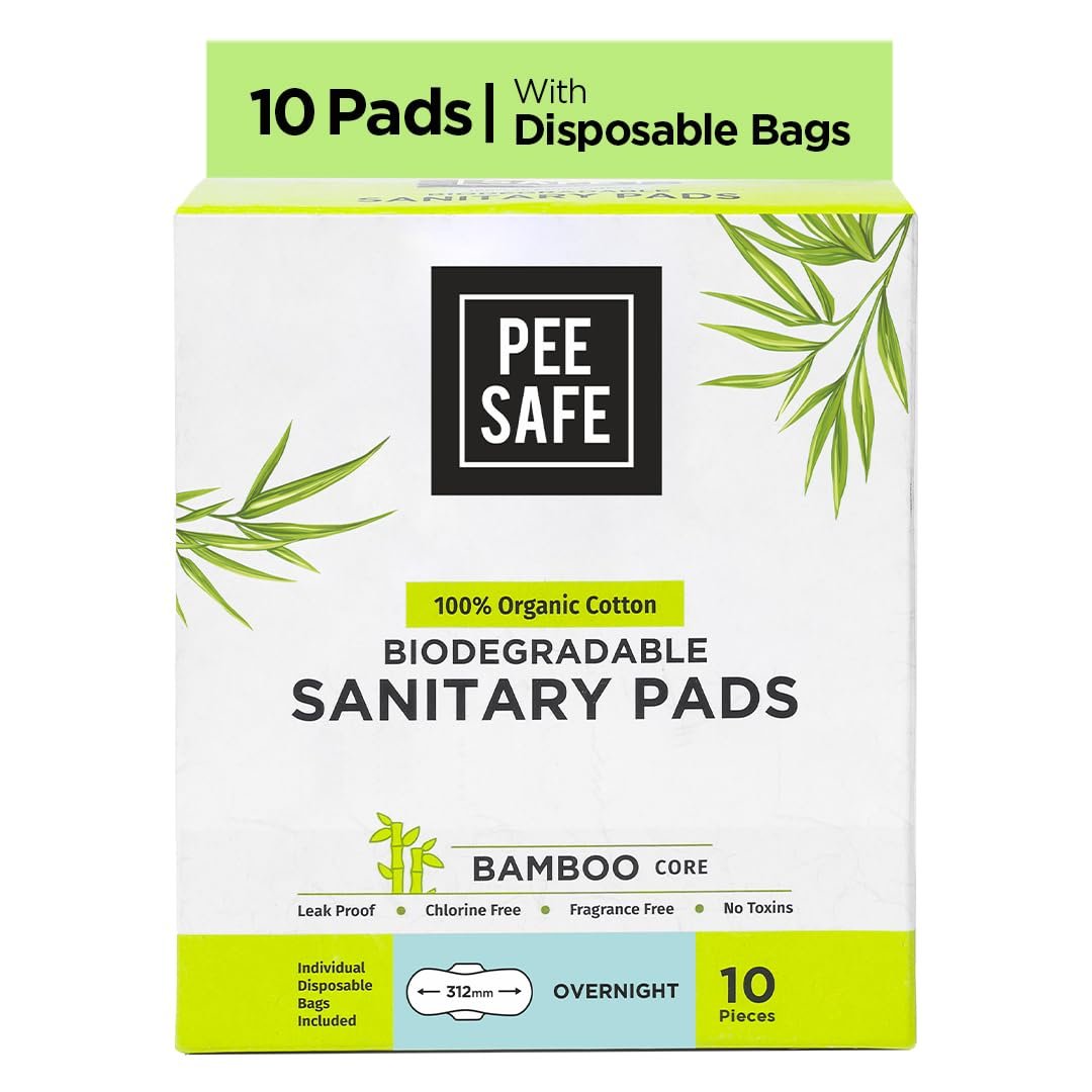Pee Safe 100% Organic Cotton Biodegradable Sanitary Pads, Overnight | Anti-Bacterial | Superb Absorbency | Long Lasting Protection | Skin Friendly | Comfortable & Easy To Use | Pack of 10
