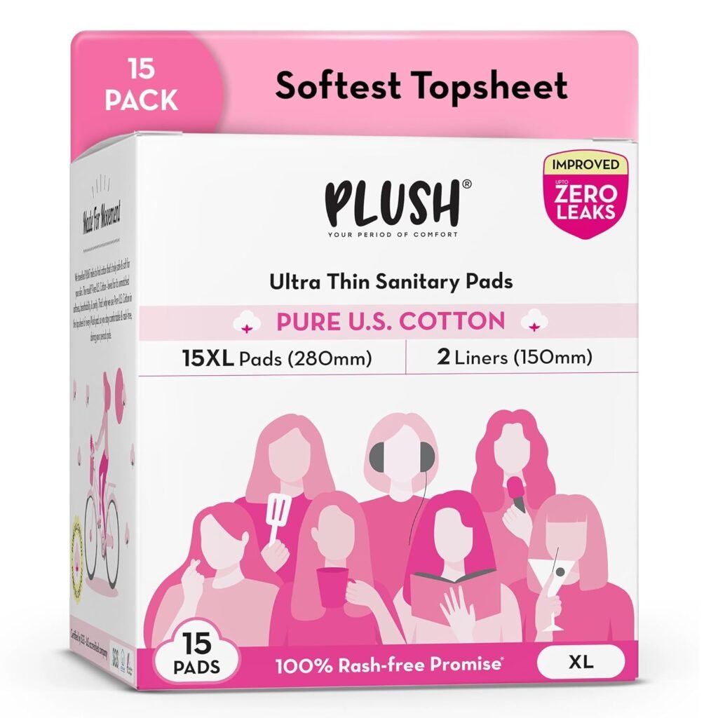 Plush Ultra-Thin Extra Large Sanitary Napkins for Women, 15 Pcs | For Light-Medium Flow | 2 Panty Liners | 100% Rash-Free | Pure U.S. Cotton XL Sanitary Pads | No Fragrance | No Toxic-Chemicals