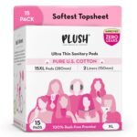 Plush Ultra-Thin Extra Large Sanitary Napkins for Women, 15 Pcs | For Light-Medium Flow | 2 Panty Liners | 100% Rash-Free | Pure U.S. Cotton XL Sanitary Pads | No Fragrance | No Toxic-Chemicals