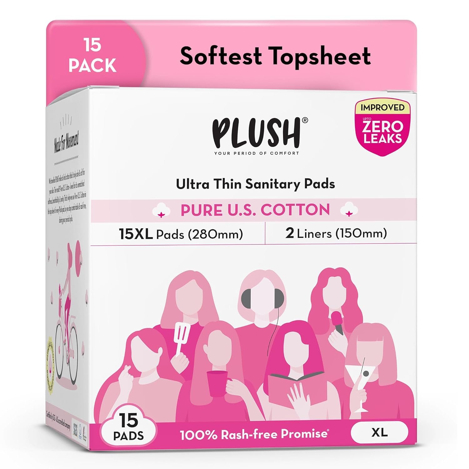 Plush Ultra-Thin Extra Large Sanitary Napkins for Women, 15 Pcs | For Light-Medium Flow | 2 Panty Liners | 100% Rash-Free | Pure U.S. Cotton XL Sanitary Pads | No Fragrance | No Toxic-Chemicals