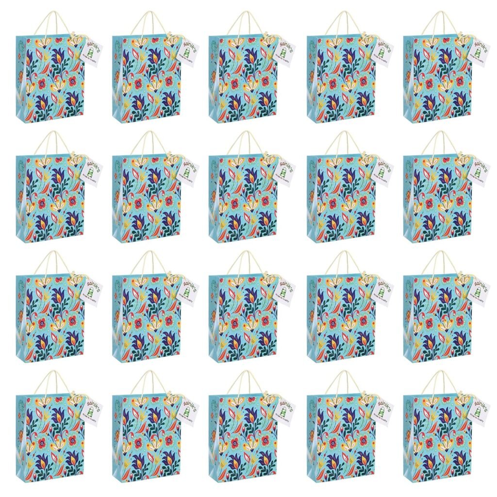 SAINIK’S – ACCESS TO QUALITY Bold Flowers Design Paper Bags/Gift Bag, Goodies Bag, Promotional Bag For Wedding Pack of 20 (25 X 20 X 8) CM