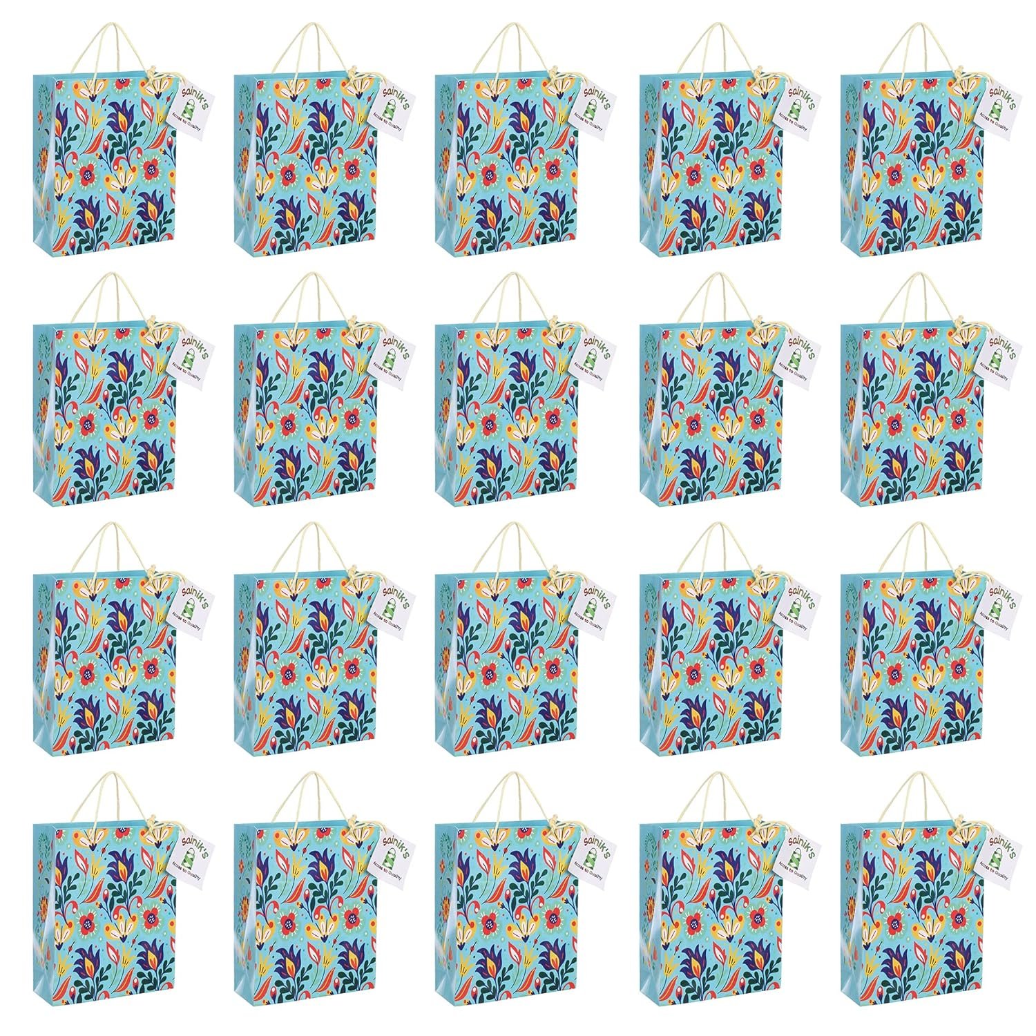 SAINIK’S – ACCESS TO QUALITY Bold Flowers Design Paper Bags/Gift Bag, Goodies Bag, Promotional Bag For Wedding Pack of 20 (25 X 20 X 8) CM