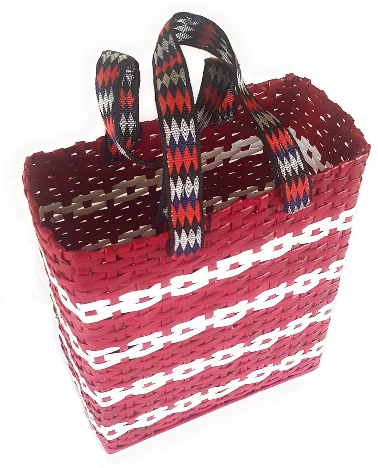 Sonas Creation Paperus, SMALL, Unisex, Red & White Lunch Bag, Carry Bag, Handbag for Carrying Lunchbox, Tiffin, Water Bottles, Eco-Friendly, Handmade, of Paper Ropes Size in Inches H 11 X L 10 X B 5
