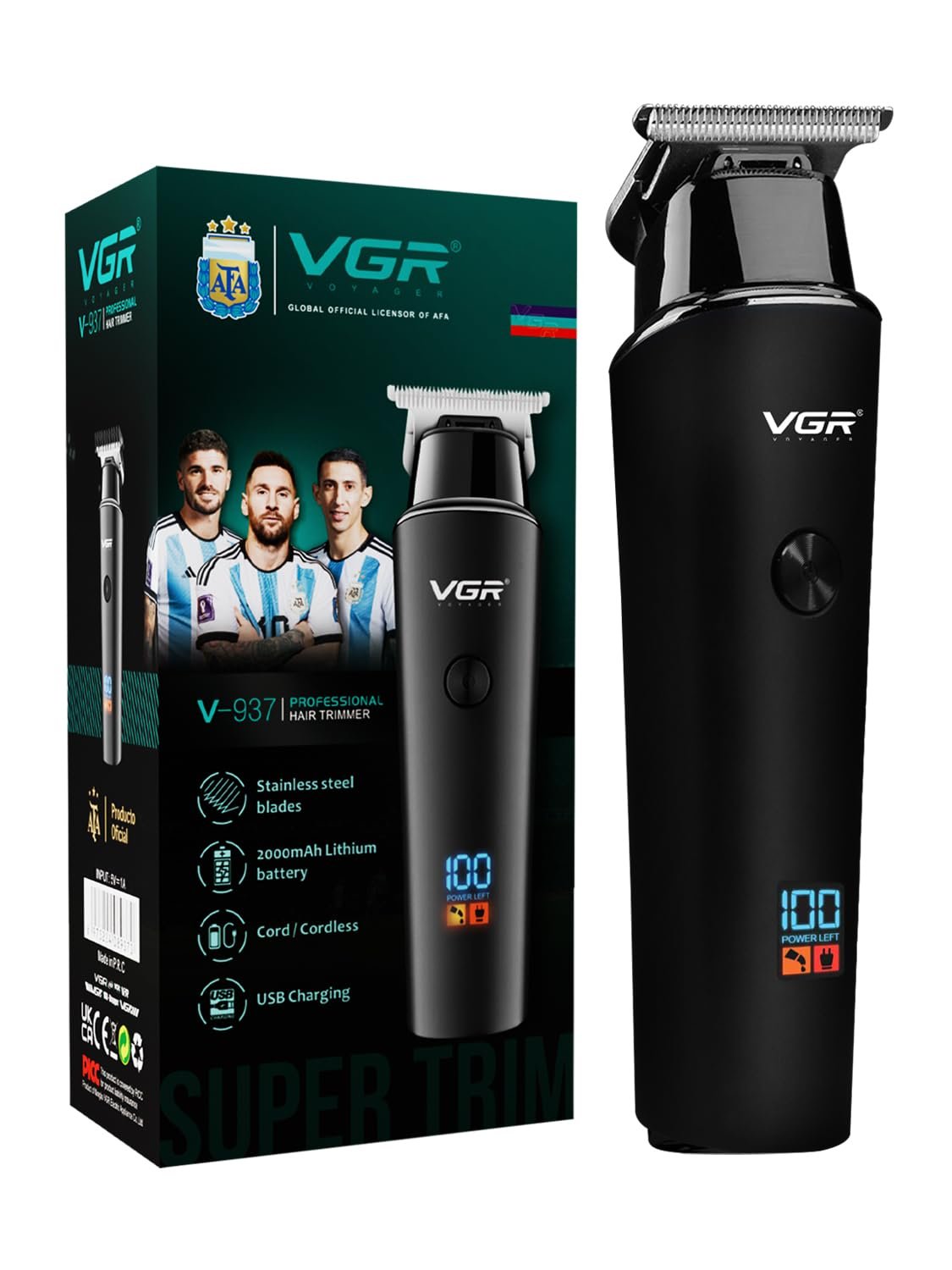 VGR V-937 Professional Corded & Cordless Hair Trimmer for Men with 500min Long Runtime | 2000mAh Lithium Battery with Led Display (Black)