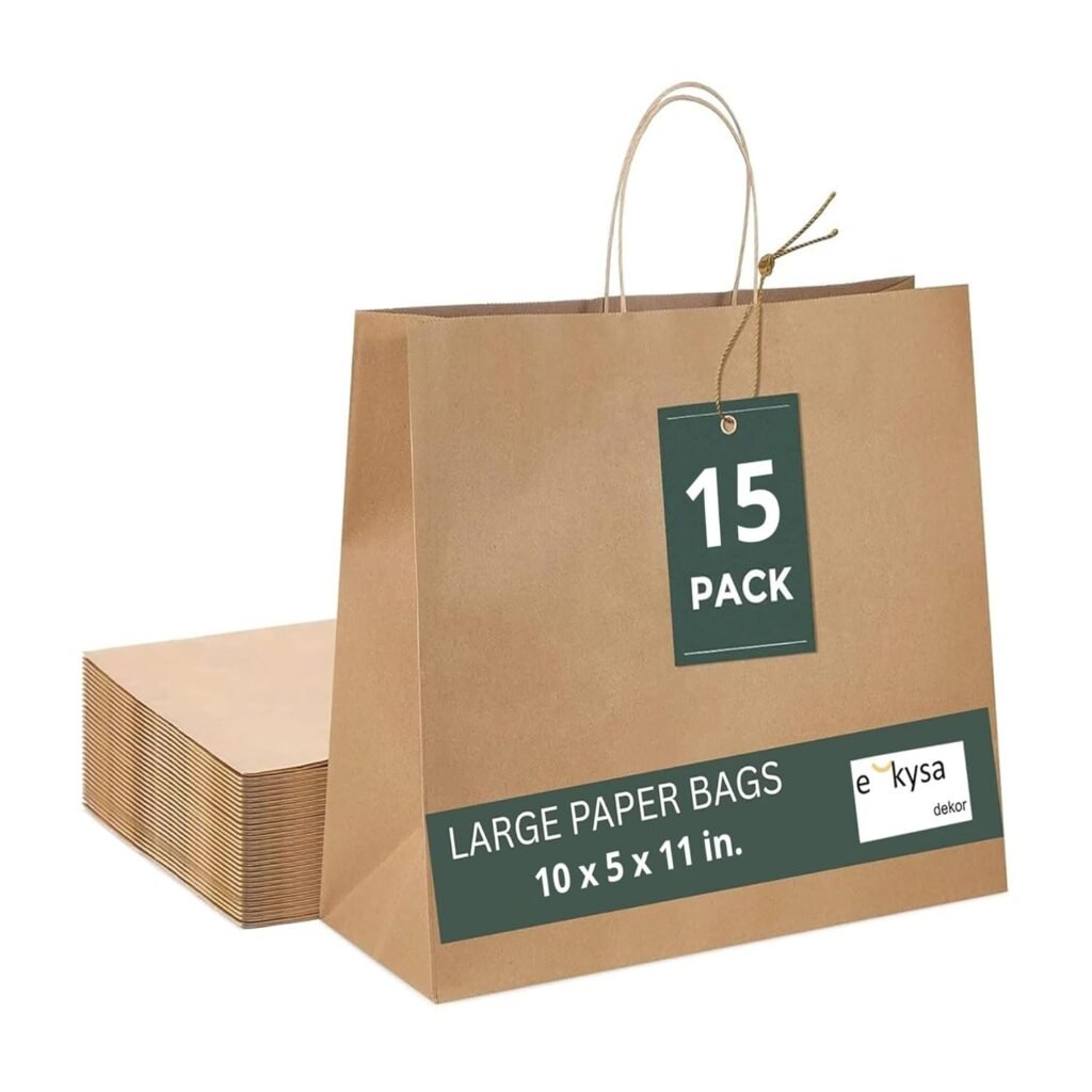 e kysa basics Brown Kraft Paper Carry/Gift/Cloth/Grocery Recycled Eco Friendly Bags with handles – 10 * 5 * 11 inches, Pack of 15 pcs