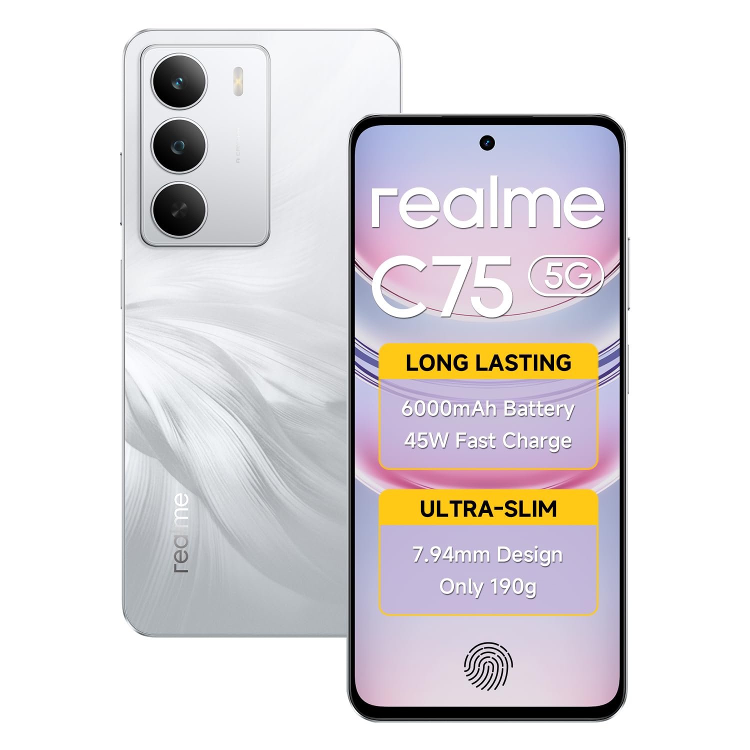 realme C75 5G Smartphone Android 15 6GB RAM 128GB ROM Display 6.67″ FHD 120Hz 6000mAh Battery 45W Charge Dual SIM Support AI Camera Fingerprint WiFi GPS White