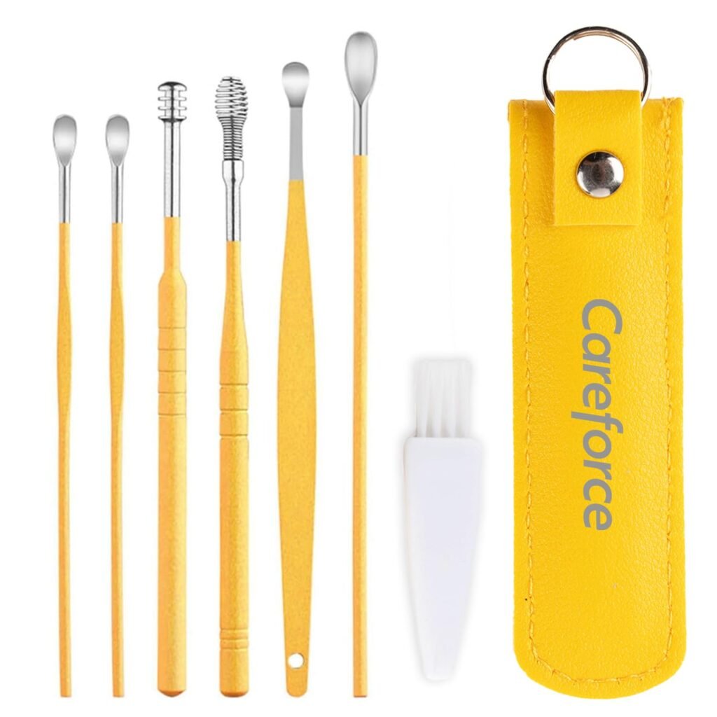 Careforce – The Force Behind Your Health Ear Cleaning Kit Steel Ear Cleaner Reusable Ear Wax Remover Tool Kit Set With Storage Pack, Ear Curette Cleaner And Spring Ear Buds Cleaner 6 Pcs Set Yellow