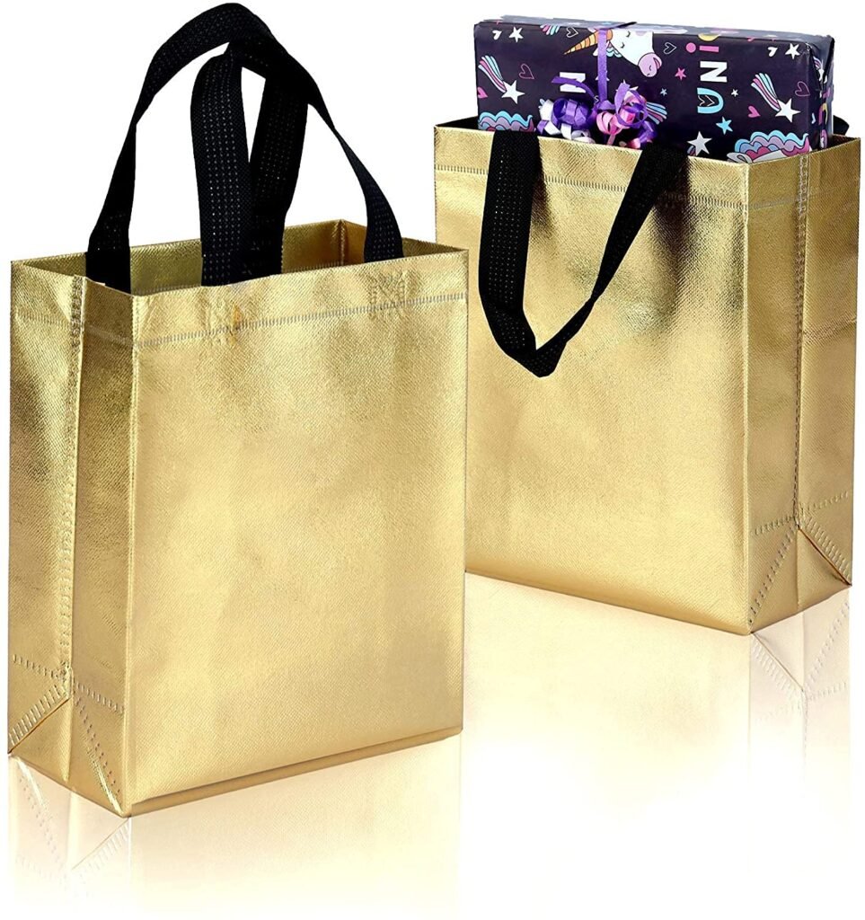 DOUBLE R BAGS Reusable Small Gift Bags – Elegant Gold Shopping Bags with Handles for Weddings, Birthdays, and Return Gifts – Eco-Friendly & Durable.