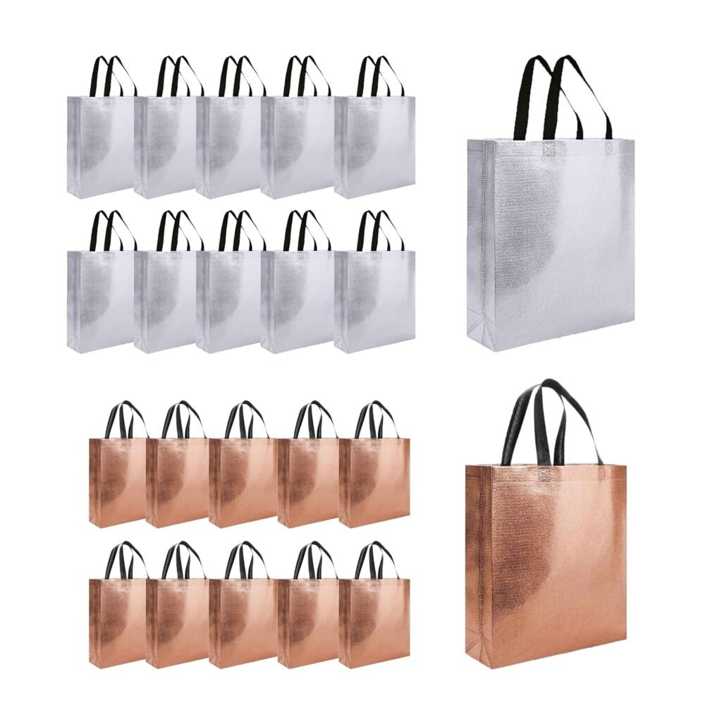 Evafly Gift Bag Medium Size Pack of 20 : L13 x W12 x D4 inch|Resuable Non-Woven Shiny Metallic Laminated|Return Gift For Haldi/Wedding Favours/Baby Shower/Birthday – Silver + Copper