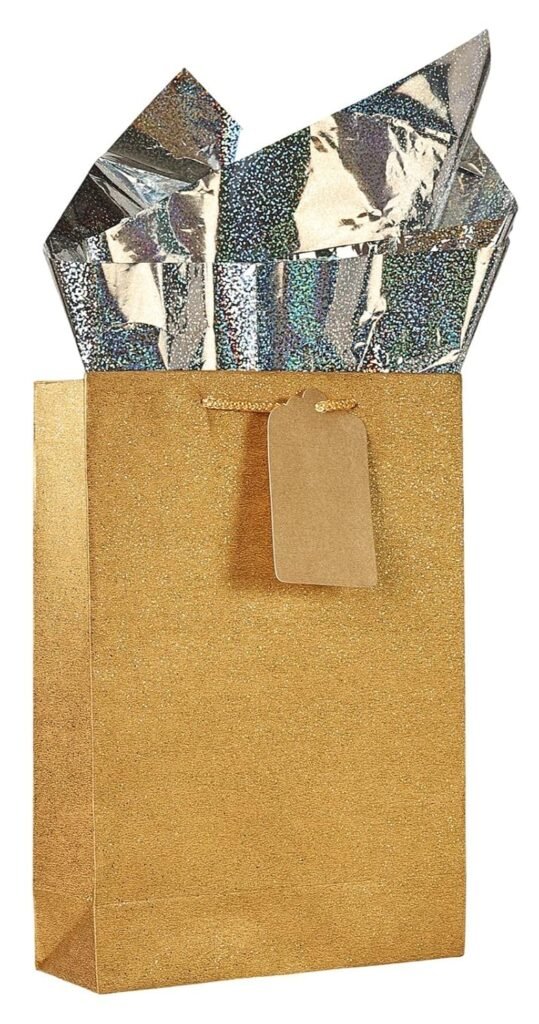 KidsyWinsy Pack Of 5 Gold Glitter Gift Bag (Small,7 * 3 * 10.5 Inches) With Tissue & Thank You Card – Paper Gift Bags | Return Gift Bags For Pooja, Baby Shower, Festive Gifting, Birthday, Wedding