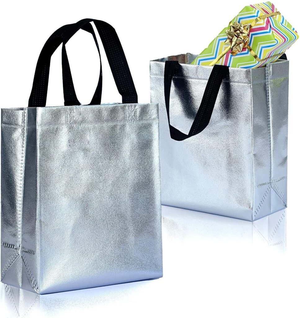 Lavya Small Size Pack of 10 Pcs Glossy Metallic Laminated Non-Woven Reusable Eco-Friendly Party Return Gift Bags (Silver) (Small 9.5x10x4 Inch)