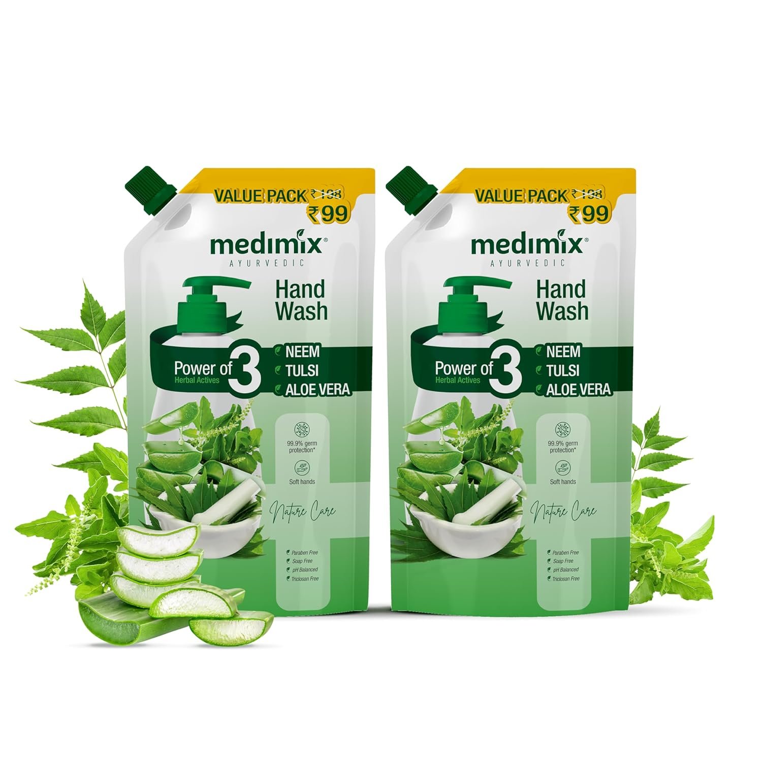 Medimix Ayurvedic Nature Care Hand Wash Refill With Neem,Tulsi&Aloe Vera 675 Ml (Combo Pack Of 2)|For Soft&Odour-Free Hands|99.9% Germ Protection|Shop Herbal|Natural|Soap-Free|100% Vegan