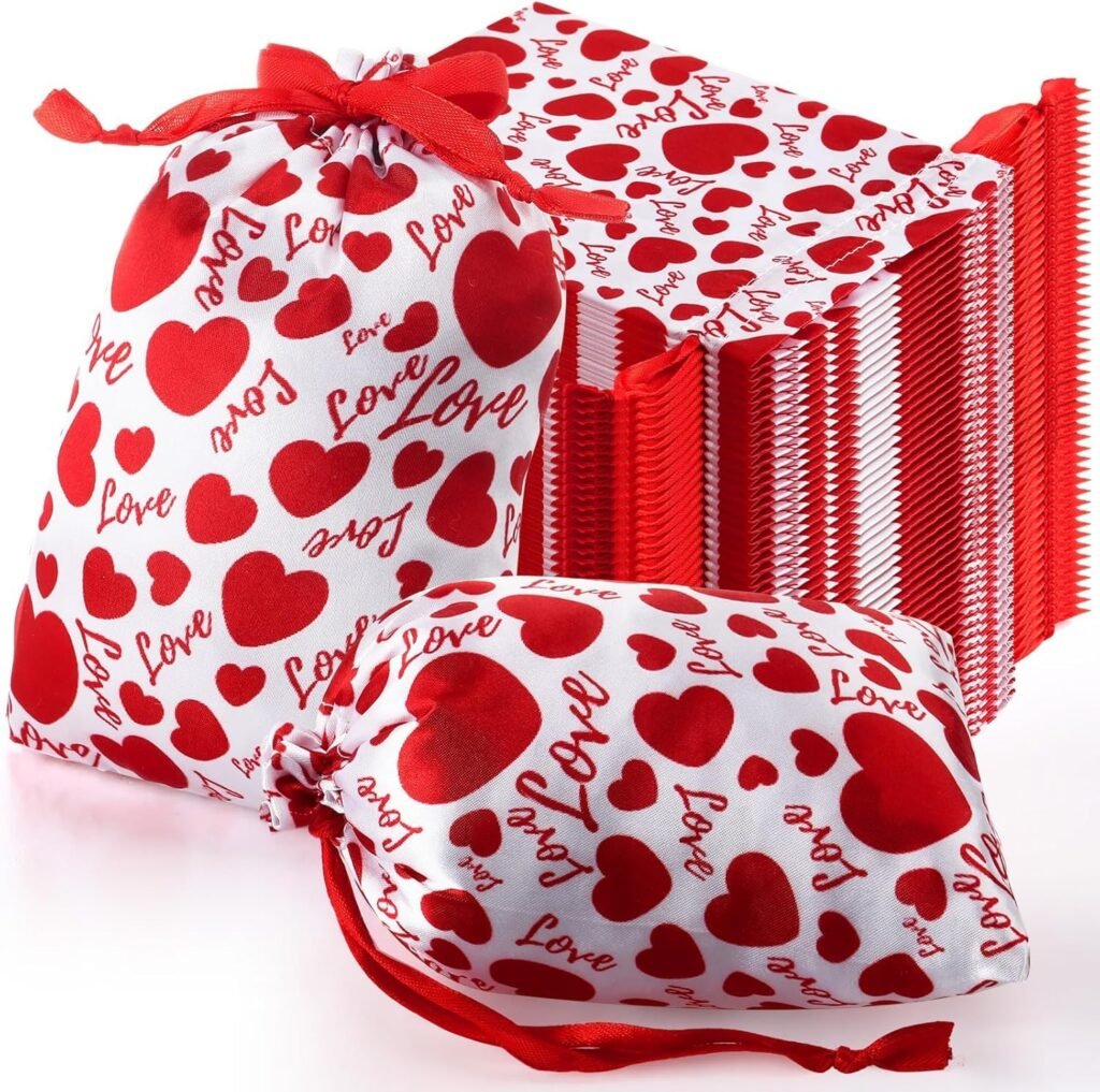 Metsi Valentine’s Day Gift Bag 5×7”, Satin Drawstring Pouch with Love Design, Eco-Friendly Return Gift Bag for Party Favors, Pack of 25