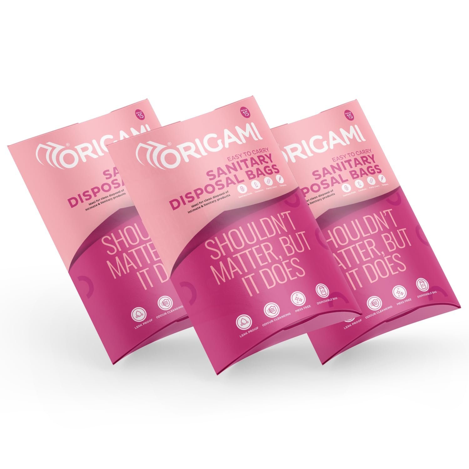 Origami Leakproof Sanitary Disposal Bags Pack of 3 (15 Bags Per Pack, Total 45 Bags) for Sanitary Pads, Baby Diapers, Panty Liner, Tampons, Condoms
