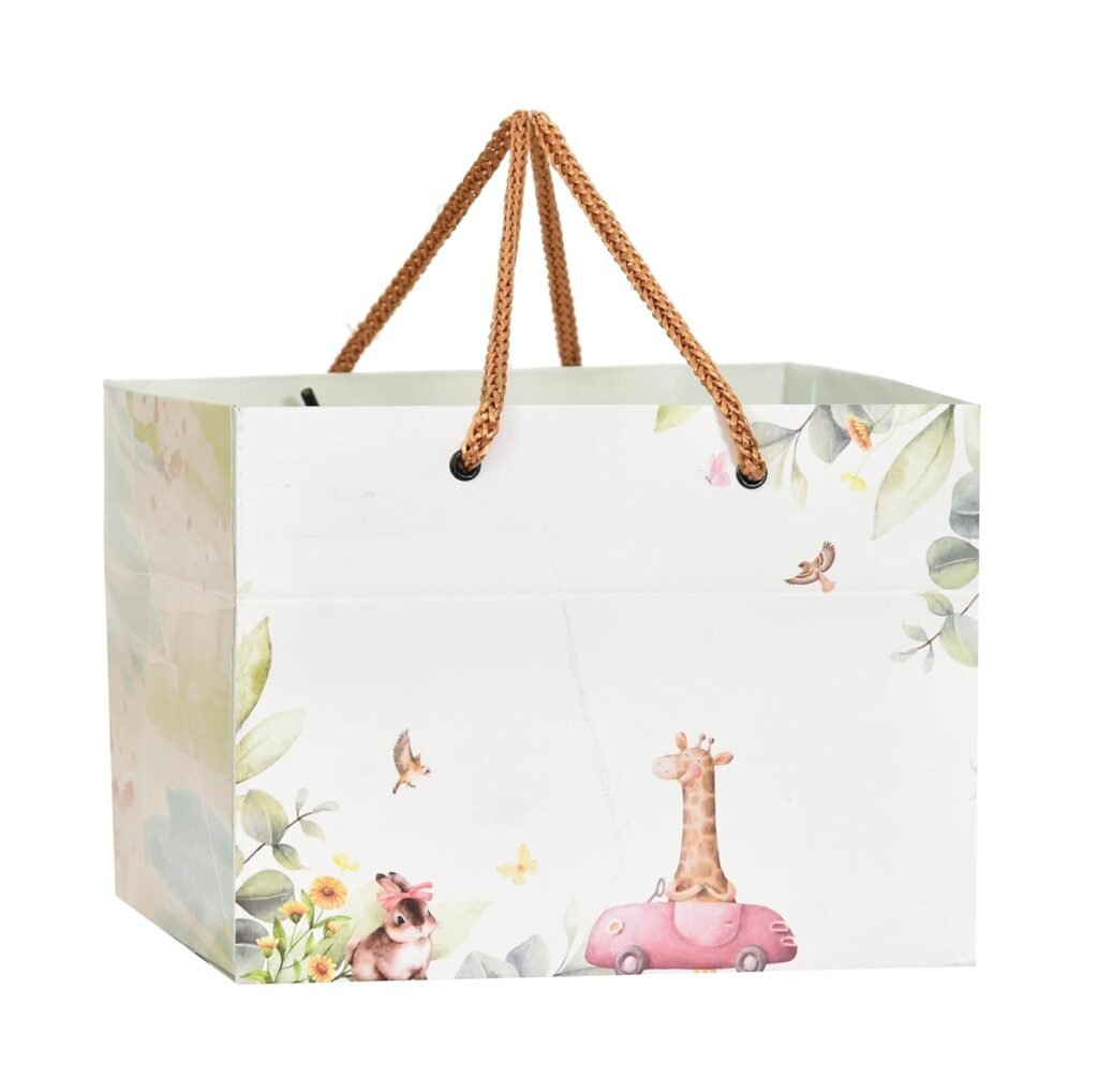 PPJ ® – HAPPY BIRTHDAY GIRAFFE CARTOON THEME PARTY (10 Pcs.) (HAMPER / SWEET BOX 500G / CAKE/ GHEVAR) PAPER CARRY BAG, 8 Inch X 8 Inch X 6 Inch for DIWALI/WEDDING/FUNCTION/BIRTHDAY/RETURN GIFTS/CHRISTMAS/GIFT BAGS/GIFT COVERS (Pack of 10)