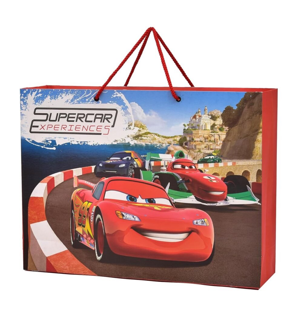 PPJ ® -HAPPY BIRTHDAY SUPER CAR (CARTOON THEME) PARTY (10 Pcs.) PAPER CARRY BAG, 16 Inch X 12 Inch X 4 Inch RETURN GIFT/HAPPY BIRTHDAY/RETURN GIFTS/GIFTS/GIFT BAGS/GIFT COVERS (Pack of 10)
